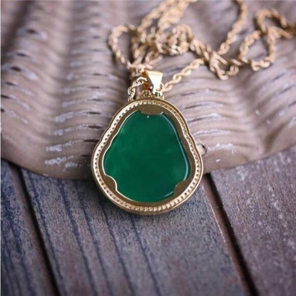 14K Gold Plated Green Jade Buddha Pendant Necklace With Lab Simulated Diamonds - Picture 5 of 6